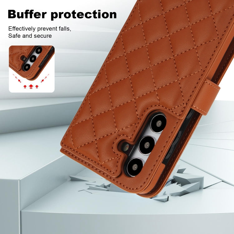 For Samsung Galaxy S24 5G Crossbody Multifunction Rhombic Leather Phone Case(Brown)