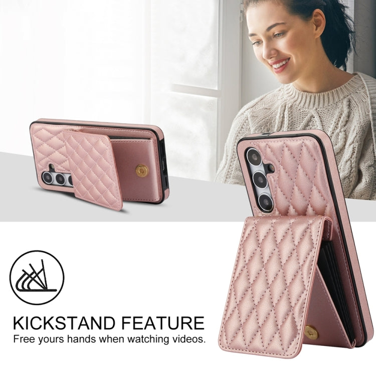 For Samsung Galaxy S24 5G YM015 Crossbody Rhombic Card Bag RFID Phone Case(Rose Gold)