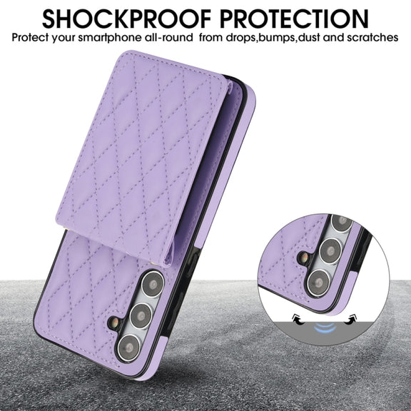 For Samsung Galaxy S24 5G YM015 Crossbody Rhombic Card Bag RFID Phone Case(Light Purple)