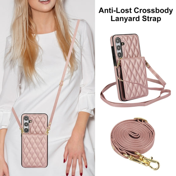 For Samsung Galaxy S24+ 5G YM015 Crossbody Rhombic Card Bag RFID Phone Case(Rose Gold)