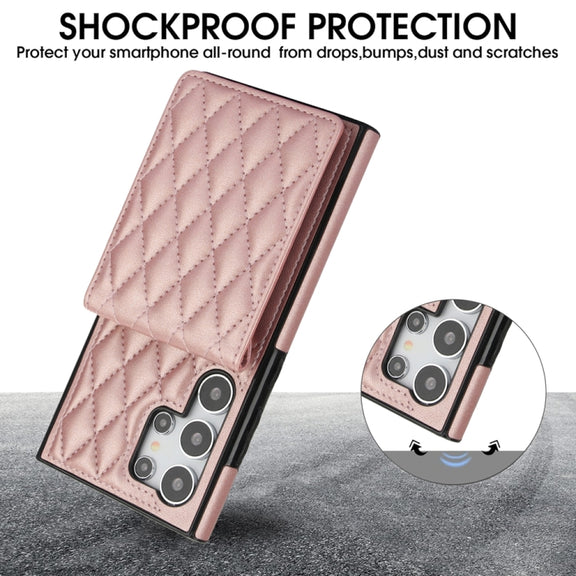 For Samsung Galaxy S24 Ultra 5G YM015 Crossbody Rhombic Card Bag RFID Phone Case(Rose Gold)