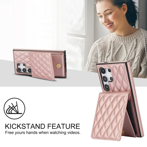 For Samsung Galaxy S24 Ultra 5G YM015 Crossbody Rhombic Card Bag RFID Phone Case(Rose Gold)