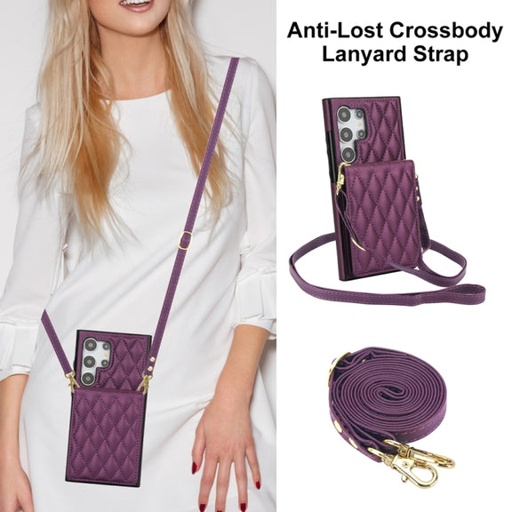 For Samsung Galaxy S24 Ultra 5G YM015 Crossbody Rhombic Card Bag RFID Phone Case(Dark Purple)