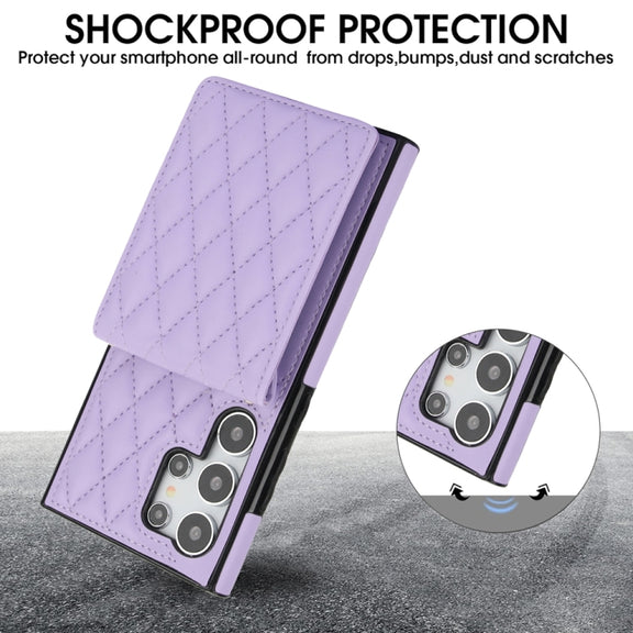 For Samsung Galaxy S24 Ultra 5G YM015 Crossbody Rhombic Card Bag RFID Phone Case(Light Purple)
