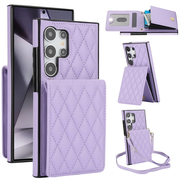 For Samsung Galaxy S24 Ultra 5G YM015 Crossbody Rhombic Card Bag RFID Phone Case(Light Purple)