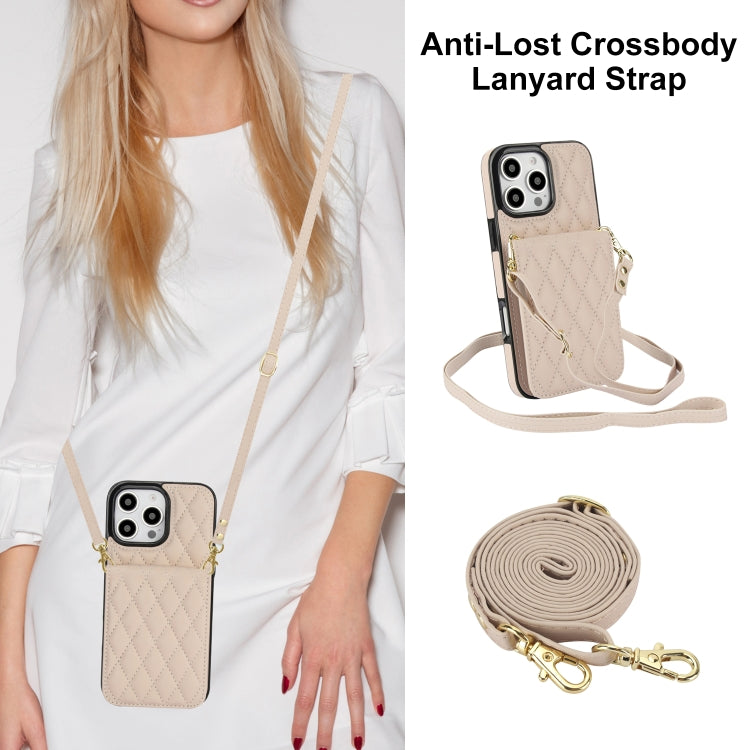 For iPhone 16 Pro Max YM015 Crossbody Rhombic Card Bag RFID Phone Case(White)
