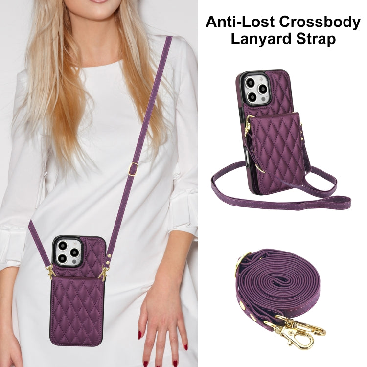 For iPhone 16 Pro YM015 Crossbody Rhombic Card Bag RFID Phone Case(Dark Purple)