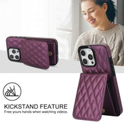 For iPhone 16 Pro YM015 Crossbody Rhombic Card Bag RFID Phone Case(Dark Purple)