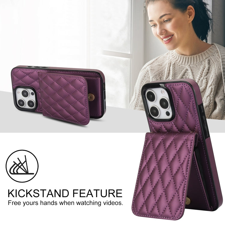 For iPhone 16 Pro YM015 Crossbody Rhombic Card Bag RFID Phone Case(Dark Purple)