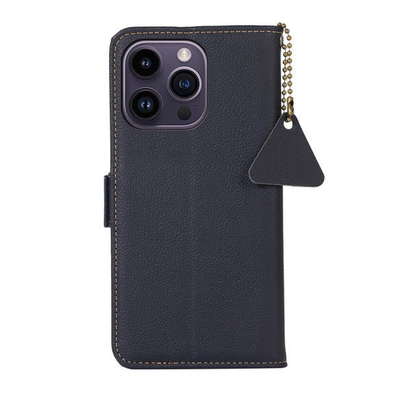 For iPhone 16 Pro Max Side-Magnetic TJ Genuine Leather RFID Phone Case(Blue)
