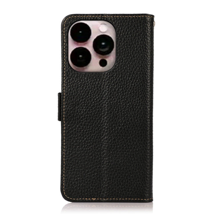 For iPhone 16 Pro Max KHAZNEH Side-Magnetic Litchi Genuine Leather RFID Case(Black)
