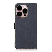 For iPhone 16 Pro KHAZNEH Side-Magnetic Litchi Genuine Leather RFID Case(Blue)