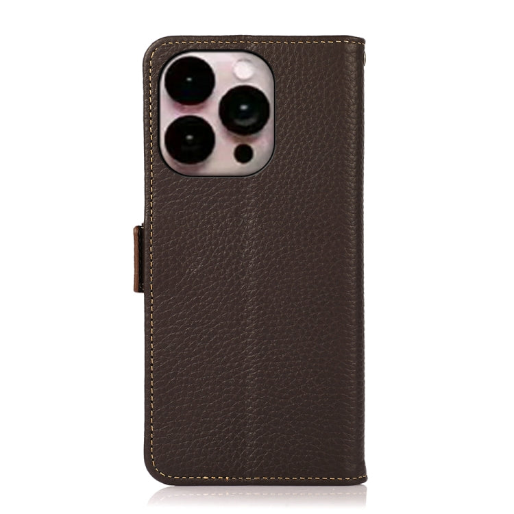 For iPhone 16 Pro KHAZNEH Side-Magnetic Litchi Genuine Leather RFID Case(Brown)