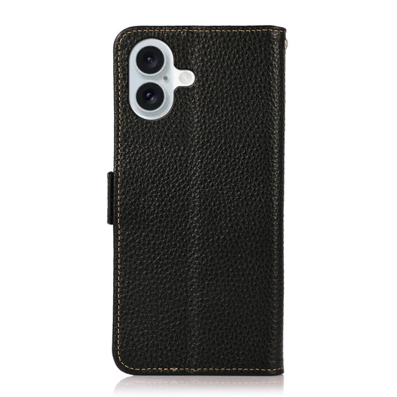 For iPhone 16 Plus KHAZNEH Side-Magnetic Litchi Genuine Leather RFID Case(Black)