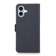 For iPhone 16 Plus KHAZNEH Side-Magnetic Litchi Genuine Leather RFID Case(Blue)
