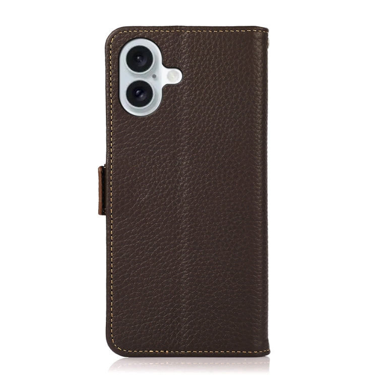 For iPhone 16 KHAZNEH Side-Magnetic Litchi Genuine Leather RFID Case(Brown)