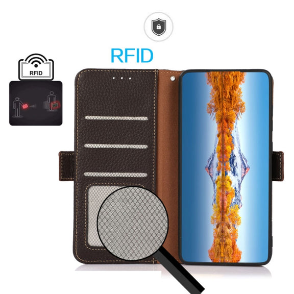 For iPhone 16 KHAZNEH Side-Magnetic Litchi Genuine Leather RFID Case(Brown)