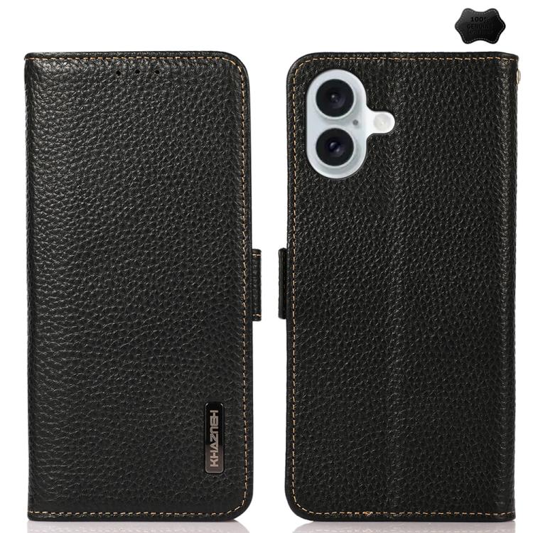 For iPhone 17 KHAZNEH Side-Magnetic Litchi Genuine Leather RFID Case(Black) - free shipping - PMc TechLife - Order now!