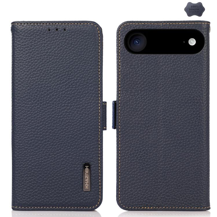 For iPhone 17 Air KHAZNEH Side-Magnetic Litchi Genuine Leather RFID Case(Blue) - free shipping - PMc TechLife - Order now!