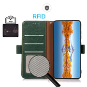 For iPhone 17 Air KHAZNEH Side-Magnetic Litchi Genuine Leather RFID Case(Green)