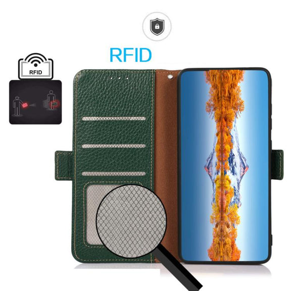 For iPhone 17 Air KHAZNEH Side-Magnetic Litchi Genuine Leather RFID Case(Green)