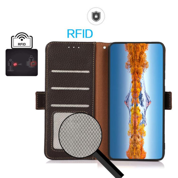 For iPhone 17 Air KHAZNEH Side-Magnetic Litchi Genuine Leather RFID Case(Brown)