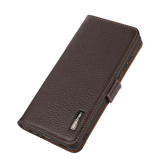 For iPhone 17 Air KHAZNEH Side-Magnetic Litchi Genuine Leather RFID Case(Brown)