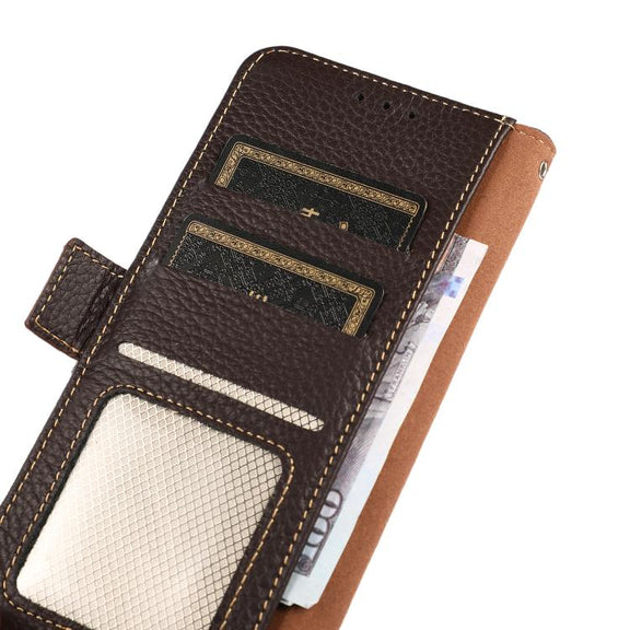 For iPhone 17 Air KHAZNEH Side-Magnetic Litchi Genuine Leather RFID Case(Brown)