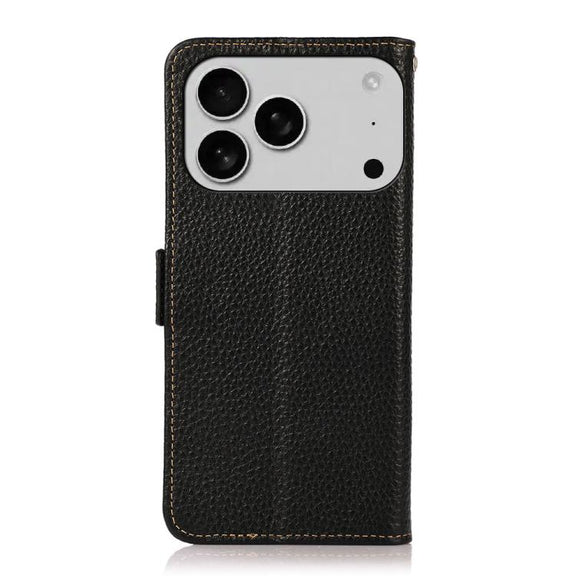 For iPhone 17 Pro KHAZNEH Side-Magnetic Litchi Genuine Leather RFID Case(Black)