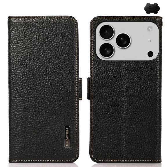 For iPhone 17 Pro KHAZNEH Side-Magnetic Litchi Genuine Leather RFID Case(Black)