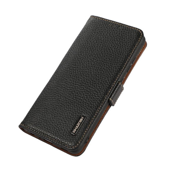 For iPhone 17 Pro KHAZNEH Side-Magnetic Litchi Genuine Leather RFID Case(Black)