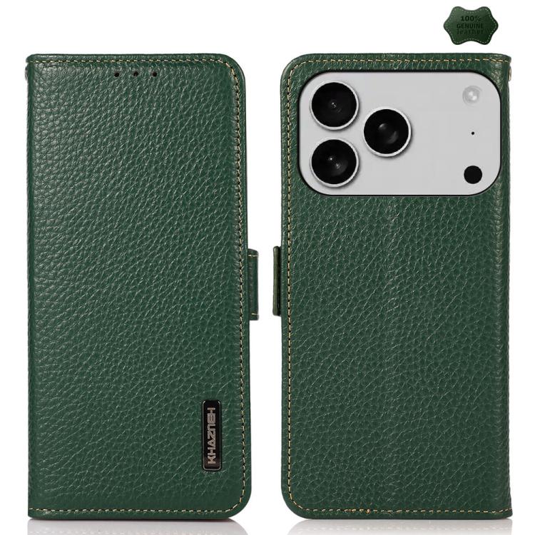 For iPhone 17 Pro KHAZNEH Side-Magnetic Litchi Genuine Leather RFID Case(Green) - free shipping - PMc TechLife - Order now!