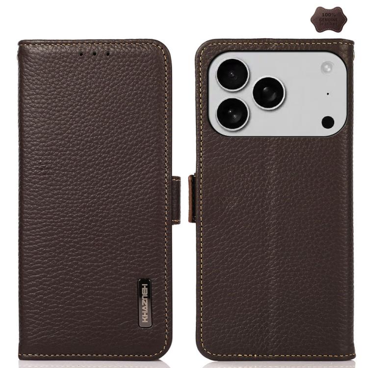 For iPhone 17 Pro KHAZNEH Side-Magnetic Litchi Genuine Leather RFID Case(Brown) - free shipping - PMc TechLife - Order now!