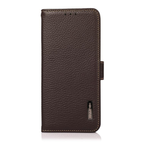 For iPhone 17 Pro KHAZNEH Side-Magnetic Litchi Genuine Leather RFID Case(Brown)