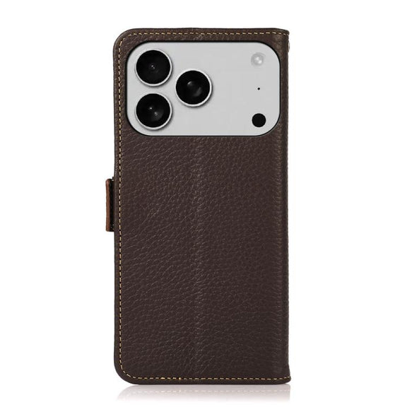 For iPhone 17 Pro KHAZNEH Side-Magnetic Litchi Genuine Leather RFID Case(Brown)