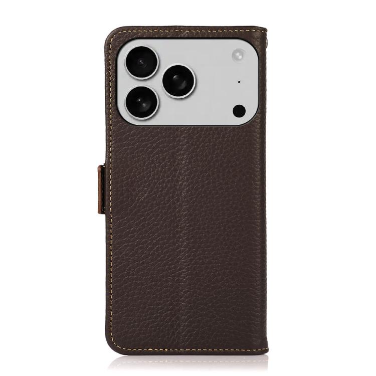 For iPhone 17 Pro KHAZNEH Side-Magnetic Litchi Genuine Leather RFID Case(Brown)