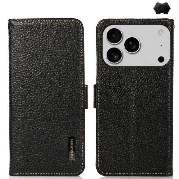 For iPhone 17 Pro Max KHAZNEH Side-Magnetic Litchi Genuine Leather RFID Case(Black)