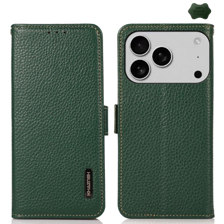 For iPhone 17 Pro Max KHAZNEH Side-Magnetic Litchi Genuine Leather RFID Case(Green) - free shipping - PMc TechLife - Order now!