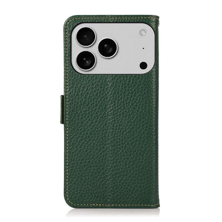 For iPhone 17 Pro Max KHAZNEH Side-Magnetic Litchi Genuine Leather RFID Case(Green) - free shipping - PMc TechLife - Order now!