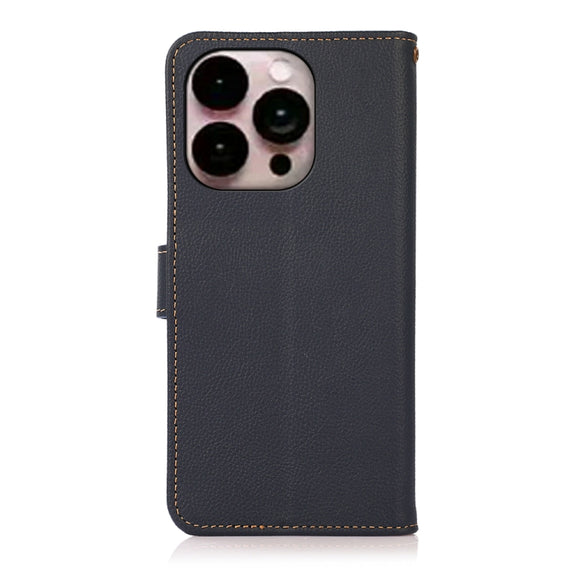 For iPhone 16 Pro KHAZNEH Custer Genuine Leather RFID Phone Case(Blue)