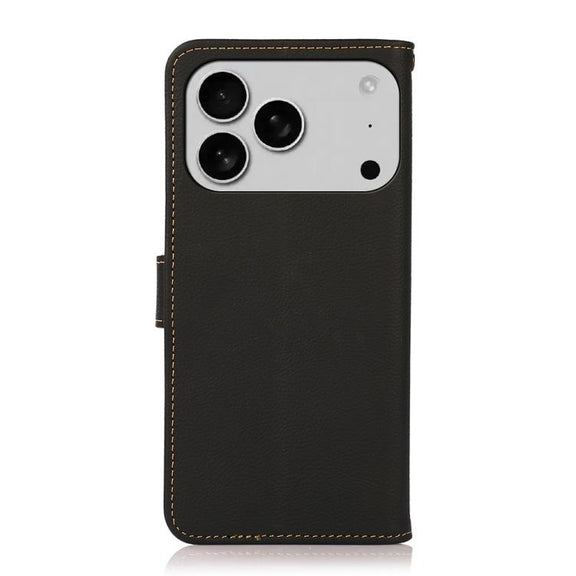 For iPhone 17 Pro KHAZNEH Custer Genuine Leather RFID Phone Case(Black)