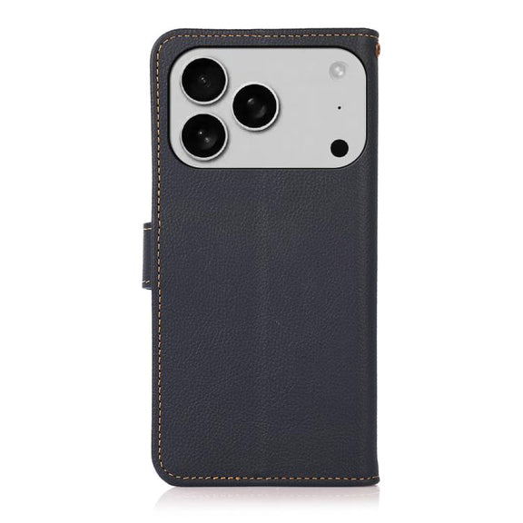 For iPhone 17 Pro Max KHAZNEH Custer Genuine Leather RFID Phone Case(Blue)