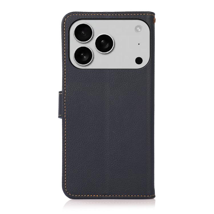 For iPhone 17 Pro Max KHAZNEH Custer Genuine Leather RFID Phone Case(Blue)