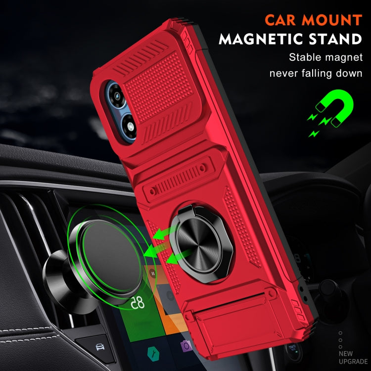 For Motorola Moto G Play 4G 2024 TPU+PC Shockproof Card Slot Phone Case with Metal Ring Holder(Red)