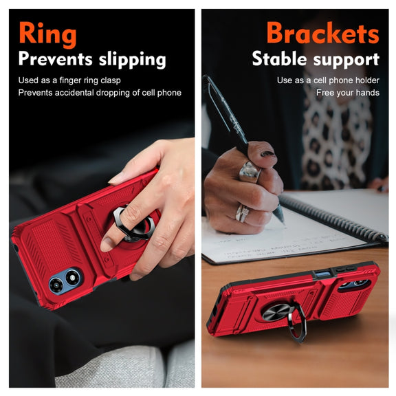 For Motorola Moto G Play 4G 2024 TPU+PC Shockproof Card Slot Phone Case with Metal Ring Holder(Red)