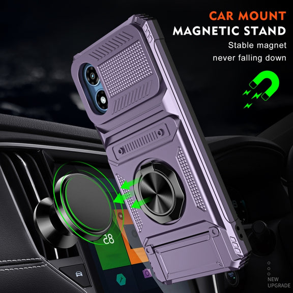 For Motorola Moto G Play 4G 2024 TPU+PC Shockproof Card Slot Phone Case with Metal Ring Holder(Purple)