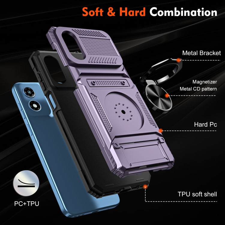 For Motorola Moto G Play 4G 2024 TPU+PC Shockproof Card Slot Phone Case with Metal Ring Holder(Purple)