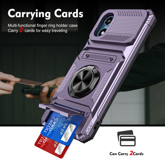 For Motorola Moto G Play 4G 2024 TPU+PC Shockproof Card Slot Phone Case with Metal Ring Holder(Purple)