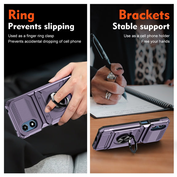 For Motorola Moto G Play 4G 2024 TPU+PC Shockproof Card Slot Phone Case with Metal Ring Holder(Purple)