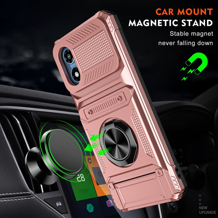 For Motorola Moto G Play 4G 2024 TPU+PC Shockproof Card Slot Phone Case with Metal Ring Holder(Rose Gold)